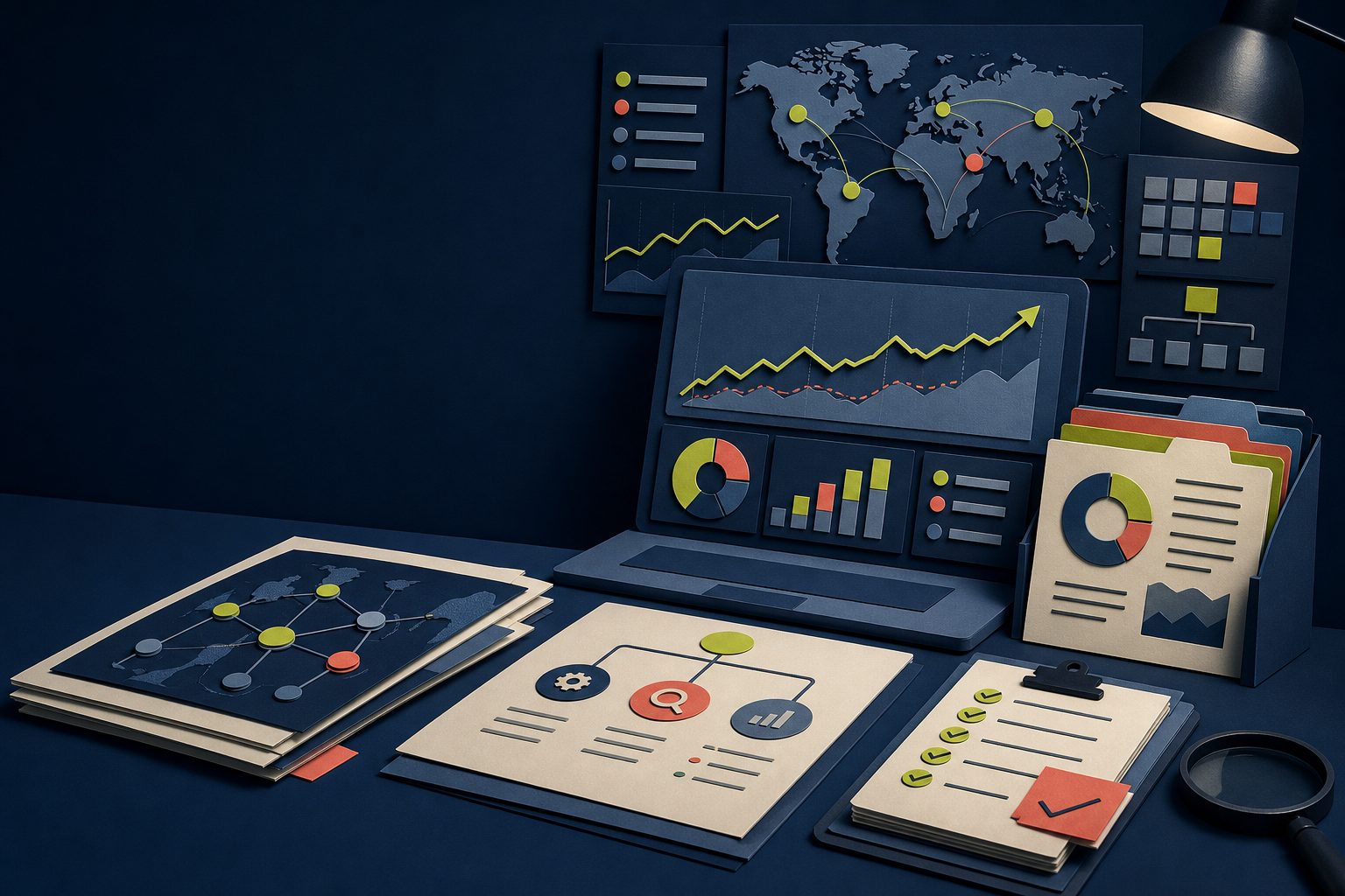 Original paper-cut SEO operations desk with unbranded ranking charts, project files, global tracking map, and workflow board on a midnight background